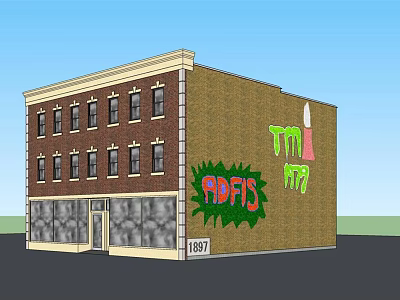 Two Story Building Exterior With Brick Wall Colorful Graffiti ADFIS TTT Roll Up Doors 1897 Number 3d model