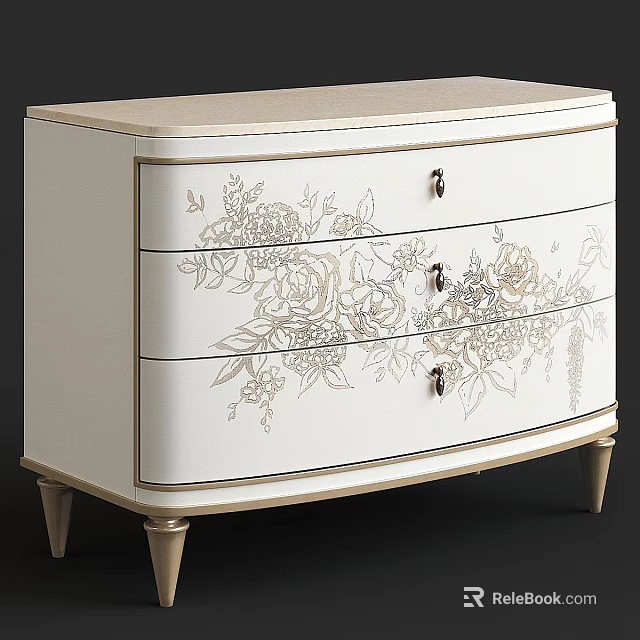 Elegant White Dresser With Gold Floral Patterns Drawers Gold Handles And Legs 3d model 