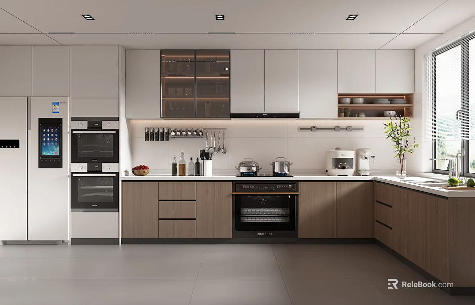 Modern Kitchen Interior With White And Wooden Cabinets Countertop And Appliances 3d model 