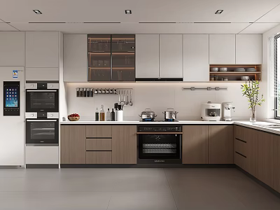 Modern Kitchen Interior With White And Wooden Cabinets Countertop And Appliances 3d model