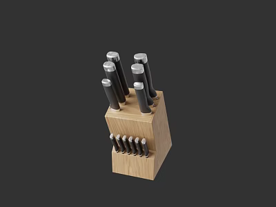 Modern Wooden Display Shelf With Knife Block And Stainless Steel Knives 3d model