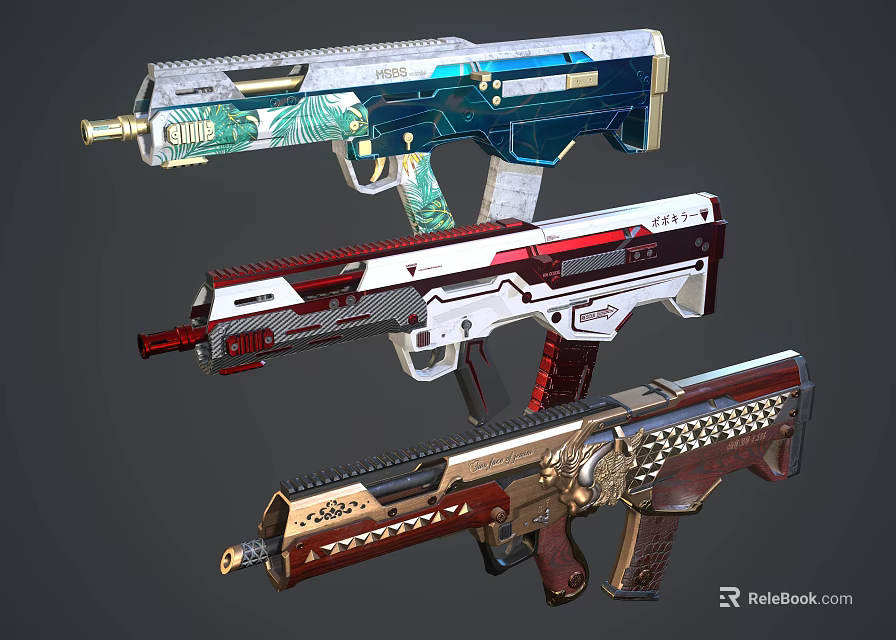 Futuristic Weapon Firearms Featuring Assorted Colorful Modern Designs And Decorative Patterns 3d model 