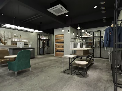 Modern Clothing Store Interior Design With Green Chair White Table Blue Coat And Shelves 3d model
