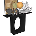 Modern Black Console Table With Circular Cutout Design And Decorative Ornaments 3d model