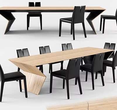 Modern Wooden Dining Table With Black Chairs And Unique Geometric Leg Design 3d model