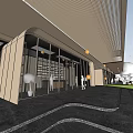 Modern Commercial Building Exterior With Open Plaza Pedestrians Greenery And Cloud Sculptures