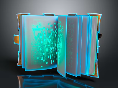 Futuristic Open Book With Glowing Digital Elements And Visual Effects 3d model