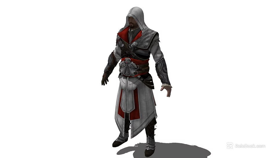 Game Movie Character In Hooded Red And White Robe With Ornate Belt Design 3d model 