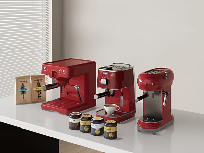 Red Kitchen Appliances Including Coffee Makers On White Countertop With Jars And Box 3d model
