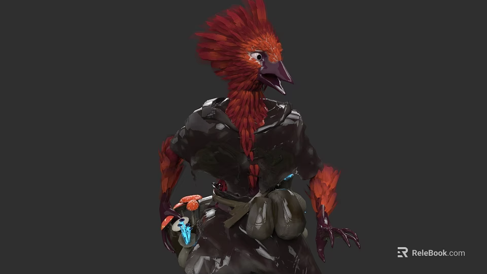 Red Feathered Bird Character With Fluffy Head Black Outfit And Glowing Object In Hand 3d model 