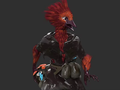 Red Feathered Bird Character With Fluffy Head Black Outfit And Glowing Object In Hand 3d model