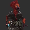 Red Feathered Bird Character With Fluffy Head Black Outfit And Glowing Object In Hand