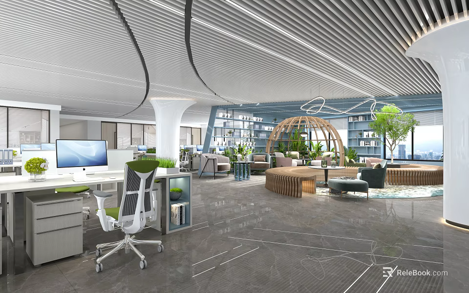 Modern Public Office Space with Open Layout Desks Computers Green Plants Bookshelves and Natural Light 3d model 