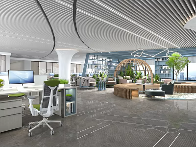 Modern Public Office Space with Open Layout Desks Computers Green Plants Bookshelves and Natural Light 3d model