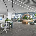 Modern Public Office Space with Open Layout Desks Computers Green Plants Bookshelves and Natural Light