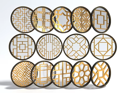 Decorative Lattice Windows With Gold And Black Frames In Circular Oval Shapes 3d model