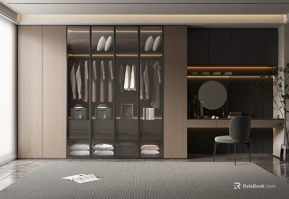 Modern Walk in Closet Design With Glass Door Wardrobe Dressing Table Mirror And Chair 3d model 