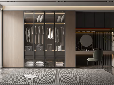 Modern Walk in Closet Design With Glass Door Wardrobe Dressing Table Mirror And Chair 3d model