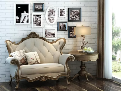 Single Beige Sofa With Carved Armrests And Side Table Lamp By White Brick Photo Wall 3d model