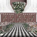 Luxurious Banquet Hall Interior With Ceiling Floral Decor Checkerboard Floor And Pink Columns