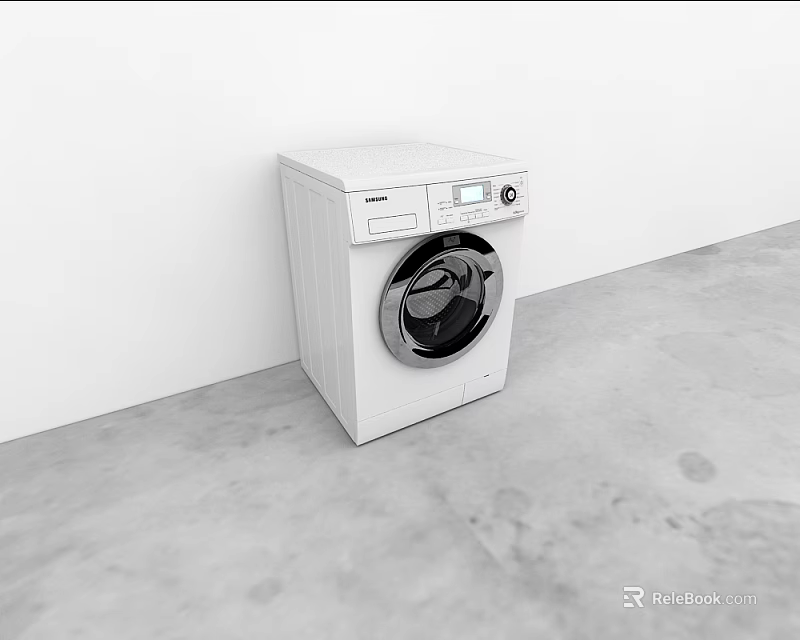 White Front Load Washing Machine with Control Panel Against White Wall on Concrete Floor 3d model 