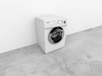 White Front Load Washing Machine with Control Panel Against White Wall on Concrete Floor 3d model