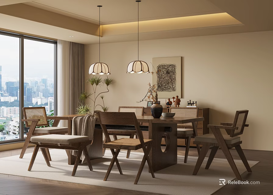 Modern Restaurant Interior With Large Windows City View Dining Table Chairs Hanging Lights And Plants 3d model 