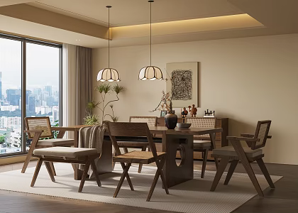 Wind Antique Restaurant Dining Table and Chair Chandelier Side Cabinet 3d model