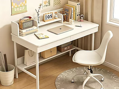 Cozy Study Room White Desk and Chair Set with Laptop Books Storage and Decor 3d model