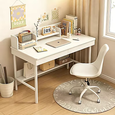 Cozy Study Room White Desk and Chair Set with Laptop Books Storage and Decor 3d model