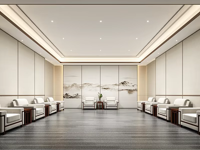 Serene Hotel Public Lounge With Chinese Style Landscape Painting Comfortable Sofa Seating And Neat Layout 3d model