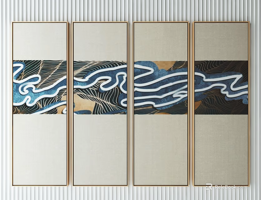 Four Panel Decorative Wall Art With Blue White Wave Patterns And Gold Frames 3d model