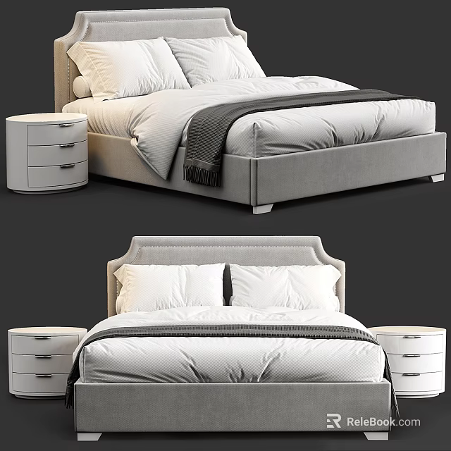 Modern Double Bed With Upholstered Headboard Neutral Bedding And Bedside Tables 3d model