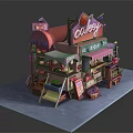 Colorful Cartoon Cakey Shop with Strawberry Sign Pink Awning and Dessert Displays