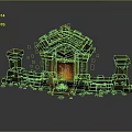 Ornate Ancient Stone Gate Structure With Central Burning Fire Stone Pillars And Scattered Rocks 3d model