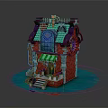 Fantasy Style Building Featuring Red Brick Walls Green Awning Blue Windows And Decorative Roof