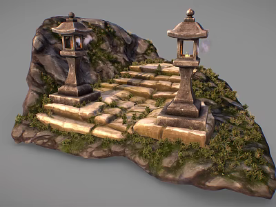 Scenic Japanese Stone Lantern Path With Mossy Rocks And Stone Steps 3d model