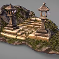 Scenic Japanese Stone Lantern Path With Mossy Rocks And Stone Steps