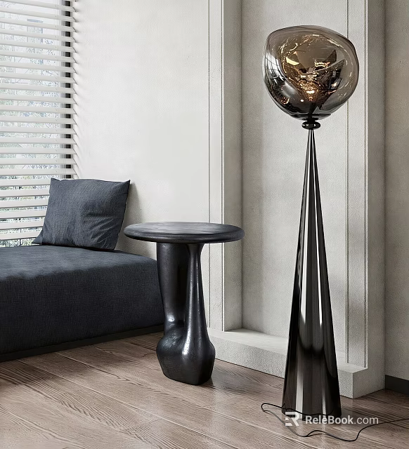 Black Spherical Glass Floor Lamp In Modern Living Room With Gray Sofa Small Round Table 3d model 