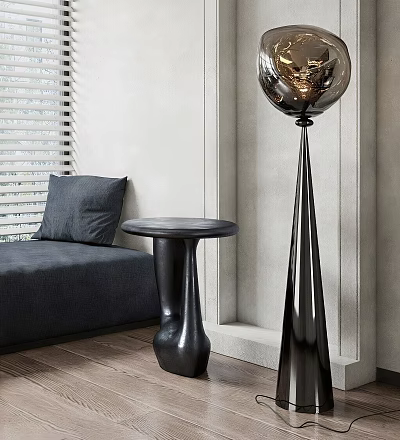 Black Spherical Glass Floor Lamp In Modern Living Room With Gray Sofa Small Round Table 3d model