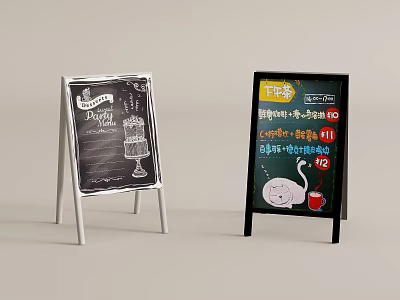 Hand Drawn Advertising Boards With Cartoon Cat Menu Prices And Drink Illustrations 3d model