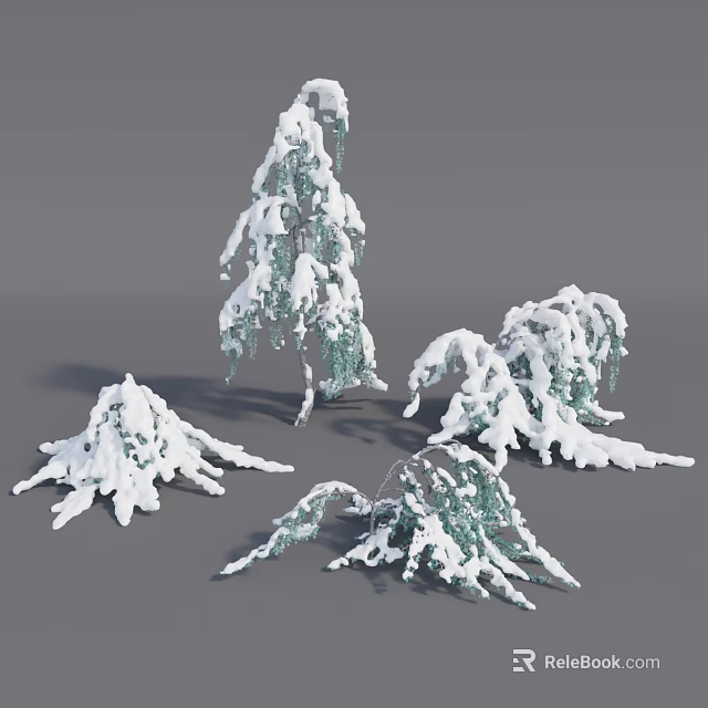 Snow Covered Shrubs With Various Shapes And Green Branches In Winter Scene 3d model 