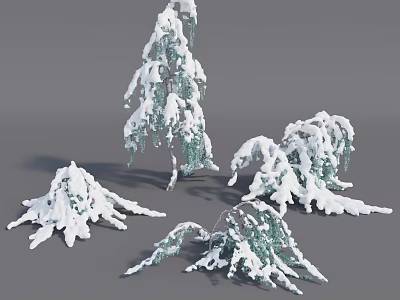 Snow Covered Shrubs With Various Shapes And Green Branches In Winter Scene 3d model