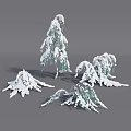 Snow Covered Shrubs With Various Shapes And Green Branches In Winter Scene