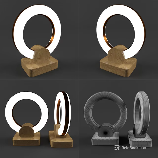 Modern Table Lamp With Circular Ring Light Wooden Base And Design Variations 3d model 