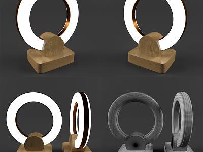 Modern Table Lamp With Circular Ring Light Wooden Base And Design Variations 3d model