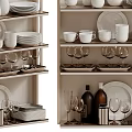 Modern Kitchen Open Cabinets With Shelves Holding Plates Cups Wine Glasses Bowls And Bottles