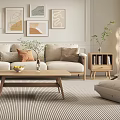 Modern Cozy Living Room Interior With Beige Sofa Coffee Table Rug And Decorative Paintings