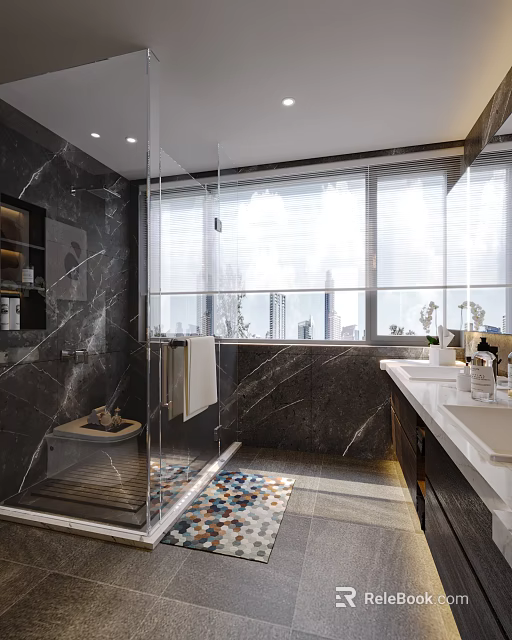 Modern Bathroom Featuring Black Marble Walls Glass Shower Large Windows Double Vanities And Colorful Rug 3d model 