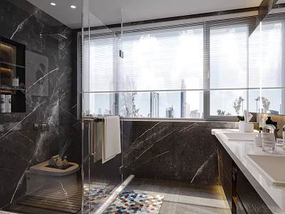Modern Bathroom Featuring Black Marble Walls Glass Shower Large Windows Double Vanities And Colorful Rug 3d model